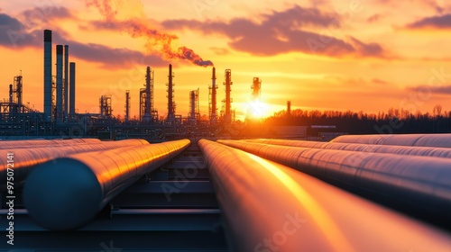 Pipeline and Pipe Rack at Petroleum Plant with Sunset. AI generated illustration photo