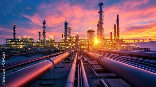 Pipeline and Pipe Rack at Petroleum Plant with Sunset. AI generated illustration