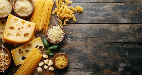 Delicious pasta prepared with fresh cheese and ingredients on a rustic wooden...