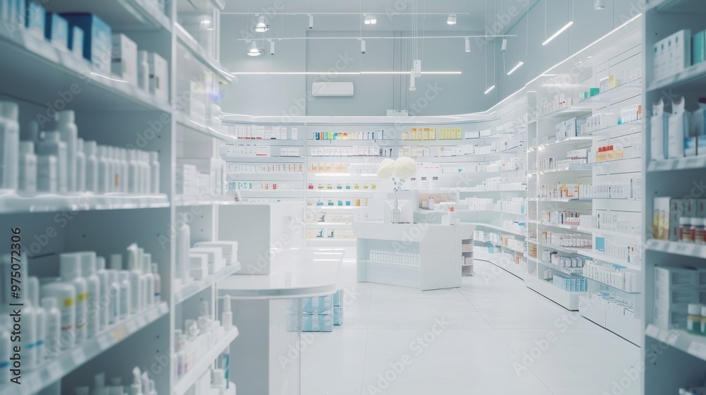 A pristine, well-organized pharmacy with white shelves filled with various medical products, creating a clean and sterile environment. A pristine, well-organized pharmacy with white shelves filled with various medical products, creating a clean and sterile environment.