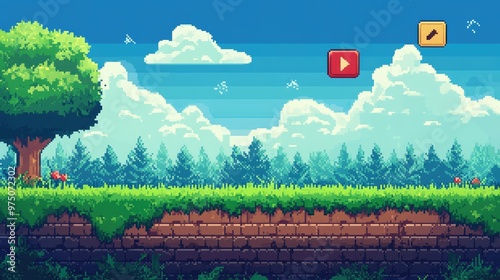 Pixel Art Game Background with Level Up Button. AI generated illustration photo