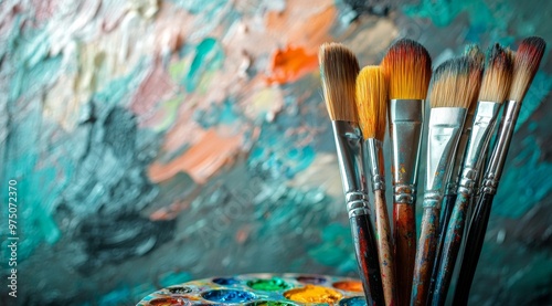A collection of paintbrushes resting on a palette in front of a colorful abst...
