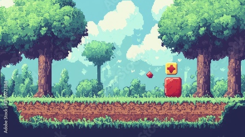 Pixel Art Game Background with Level Up Button. AI generated illustration photo