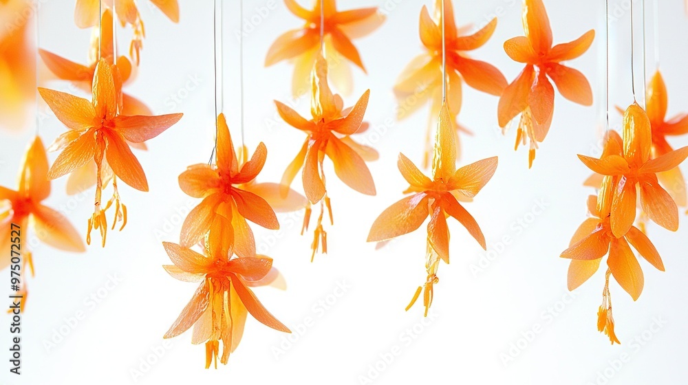  A cluster of golden blossoms dangles from a strand of cords in front of a pure white backdrop, framed by a cloud-filled sky