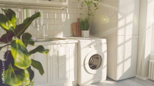 A bright, sunlit laundry room with white cabinets, a modern washing machine, and lush green plants adding a touch of freshness.