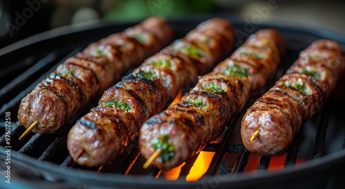 Grilled skewers of marinated meat with herbs cooking on a barbecue in the eve...