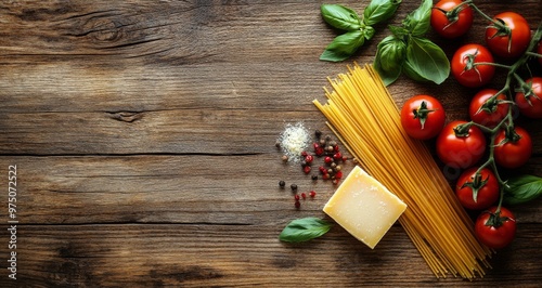 Fresh tomatoes, spaghetti, basil, and cheese on rustic wooden surface ready f...