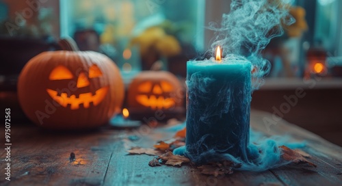 Spooky Halloween decorations featuring glowing pumpkins and a blue candle wit...