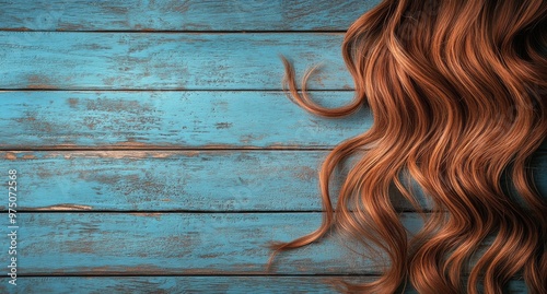 Long wavy brown hair resting on a bright blue wooden surface in natural light
