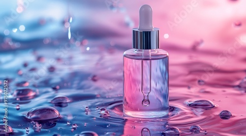 Serene glass dropper bottle surrounded by colorful water droplets in soft lig...