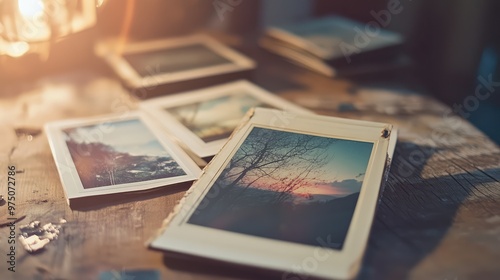 Polaroid Frames Mockup on Wooden Table. AI generated illustration photo