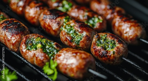 Grilled skewers of marinated meat with herbs cooking on a barbecue in the eve...