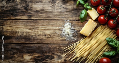 Fresh tomatoes, spaghetti, basil, and cheese on rustic wooden surface ready f...