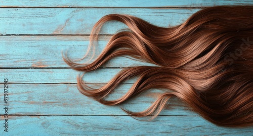 Long wavy brown hair resting on a bright blue wooden surface in natural light