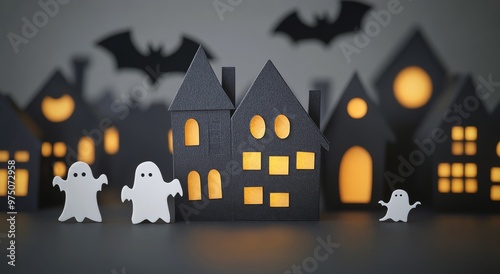 Spooky Halloween night with ghosts, bats, and haunted houses under a yellow moon
