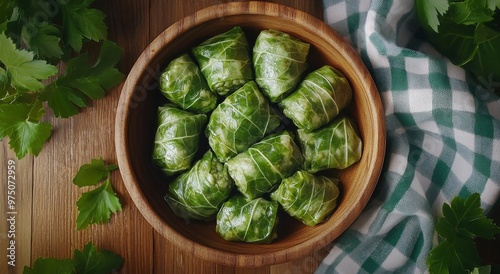 Freshly prepared stuffed grape leaves arranged in a wooden bowl on a rustic t...