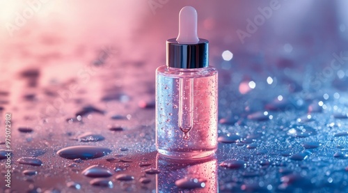 Serene glass dropper bottle surrounded by colorful water droplets in soft lig...