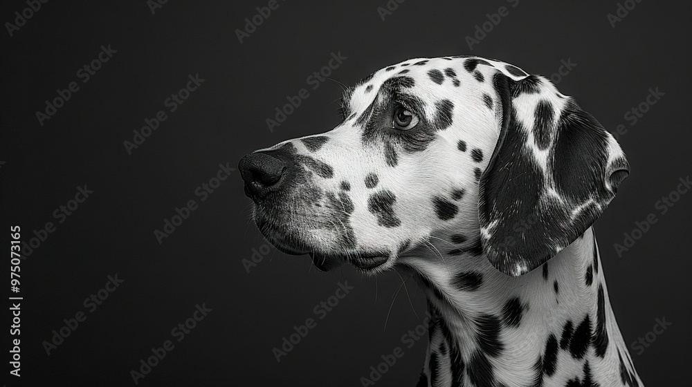 A Dalmatian with black fur and white spots on its face, gazes seriously into the lens A Dalmatian with black fur and white spots on its face, gazes seriously into the lens