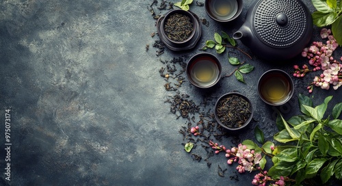 A serene tea setup featuring teapots, cups, and fresh herbs on a textured dar...