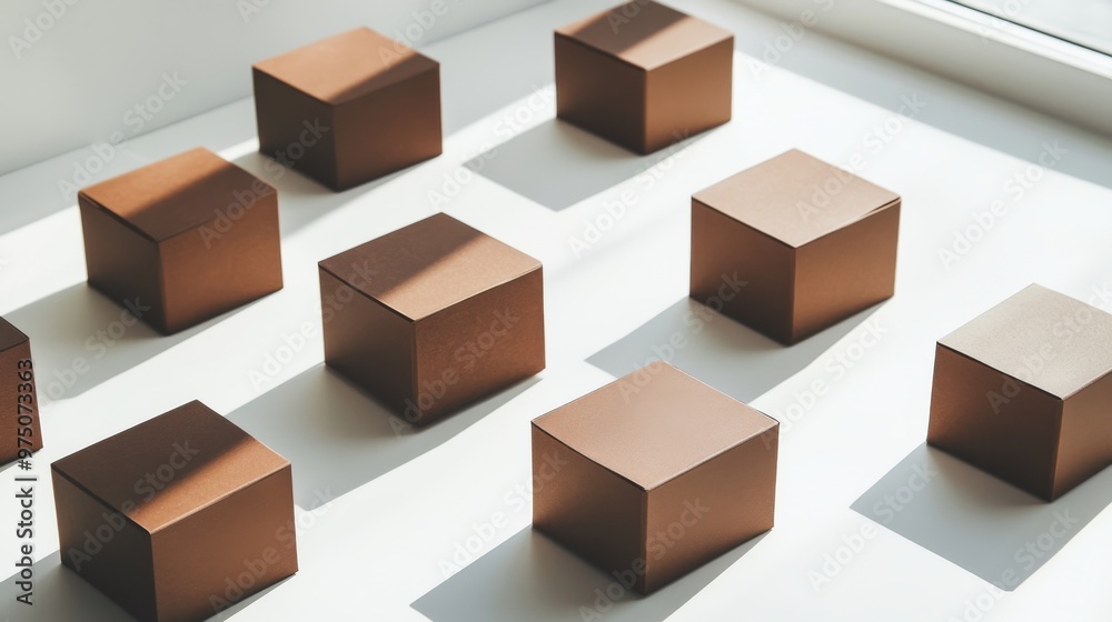 Geometric arrangement of brown cubes with sunlight and shadows. Minimalist design concept Geometric arrangement of brown cubes with sunlight and shadows. Minimalist design concept