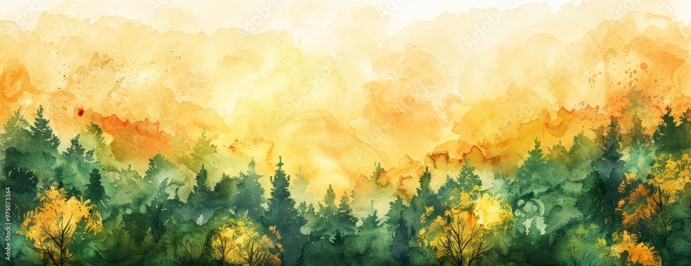 Fototapeta premium Abstract watercolor forest landscape with layered green and yellow and orange tones, bringing nature's tranquility