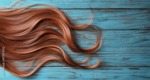 Long wavy brown hair resting on a bright blue wooden surface in natural light