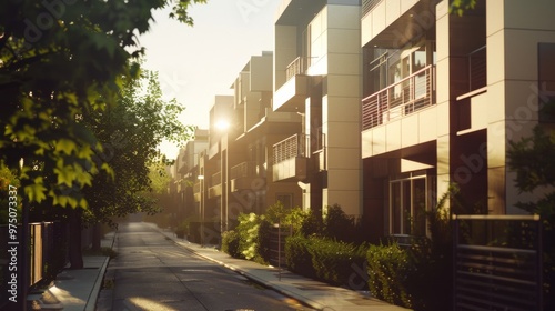 A serene morning in a modern residential street bathed in soft sunlight, lined with contemporary apartments and lush greenery.