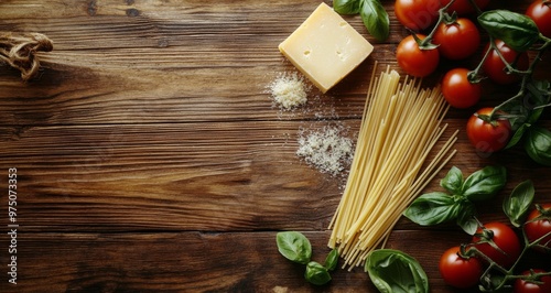 Fresh tomatoes, spaghetti, basil, and cheese on rustic wooden surface ready f...