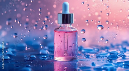 Serene glass dropper bottle surrounded by colorful water droplets in soft lig...
