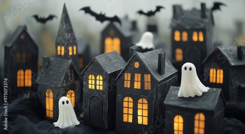 Spooky Halloween night with ghosts, bats, and haunted houses under a yellow moon