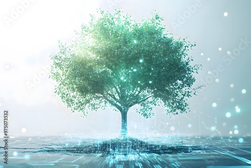 digital technology glowing futuristic tree on the white background