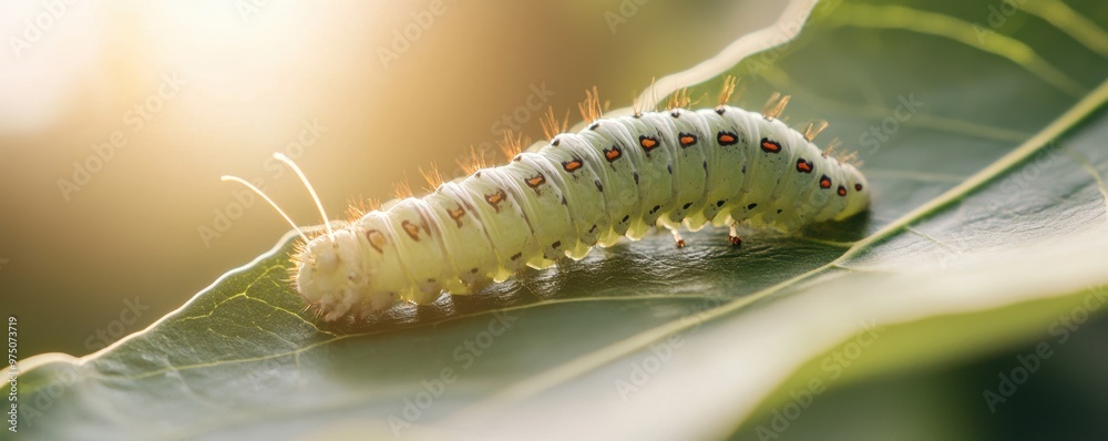 Fototapeta premium Macro shot of a colorful caterpillar inching along a vibrant green leaf in a lush natural environment