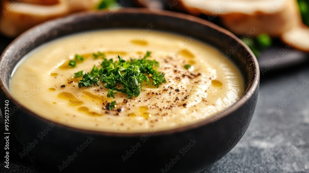 A bowl of smooth, velvety potato soup garnished with fresh herbs and cracked black pepper, drizzled with a touch of olive oil, served in a dark brown bowl. A bowl of smooth, velvety potato soup garnished with fresh herbs and cracked black pepper, drizzled with a touch of olive oil, served in a dark brown bowl.