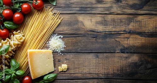 Fresh tomatoes, spaghetti, basil, and cheese on rustic wooden surface ready f...