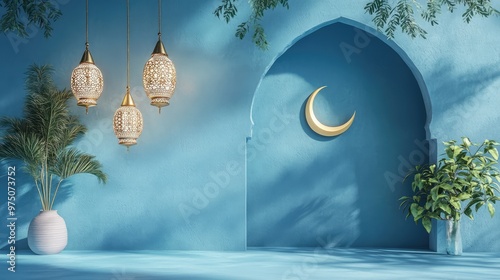 Ramadan Crescent on Modern Blue Wall. AI generated illustration photo