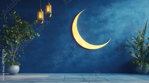 Ramadan Crescent on Modern Blue Wall. AI generated illustration photo