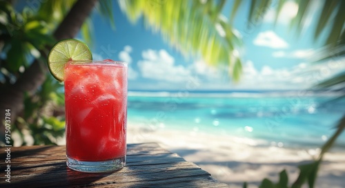 Refreshing tropical drink on a wooden table by the beach under bright sunny s...