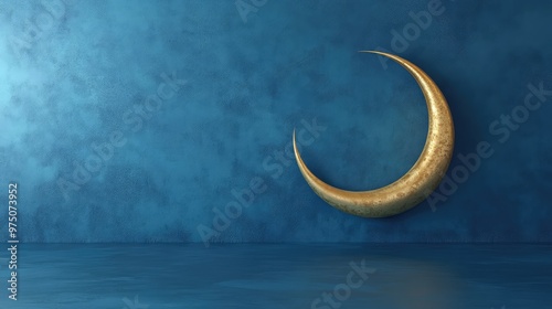 Ramadan Crescent on Modern Blue Wall. AI generated illustration photo