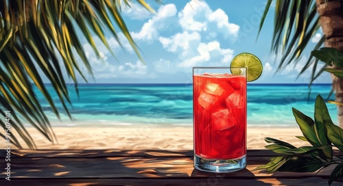 Refreshing tropical drink on a wooden table by the beach under bright sunny s...
