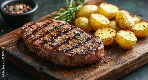 Grilled steak served with golden roasted potatoes on a wooden cutting board i...