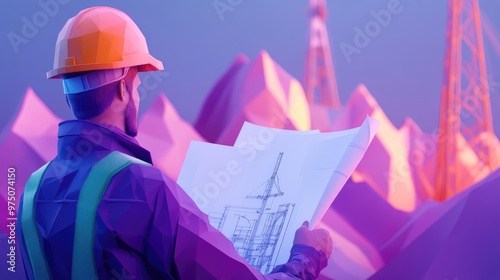 Engineer with Blueprint at Gas Drilling. AI generated illustration photo