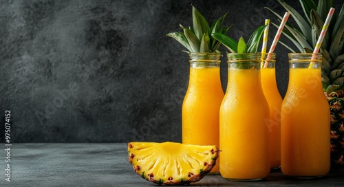 Refreshing tropical pineapple drinks served in glass bottles on a dark surface