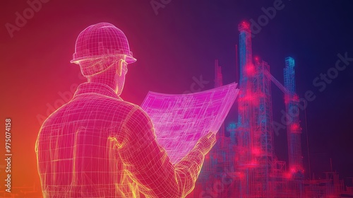 Engineer with Blueprint at Gas Drilling. AI generated illustration photo