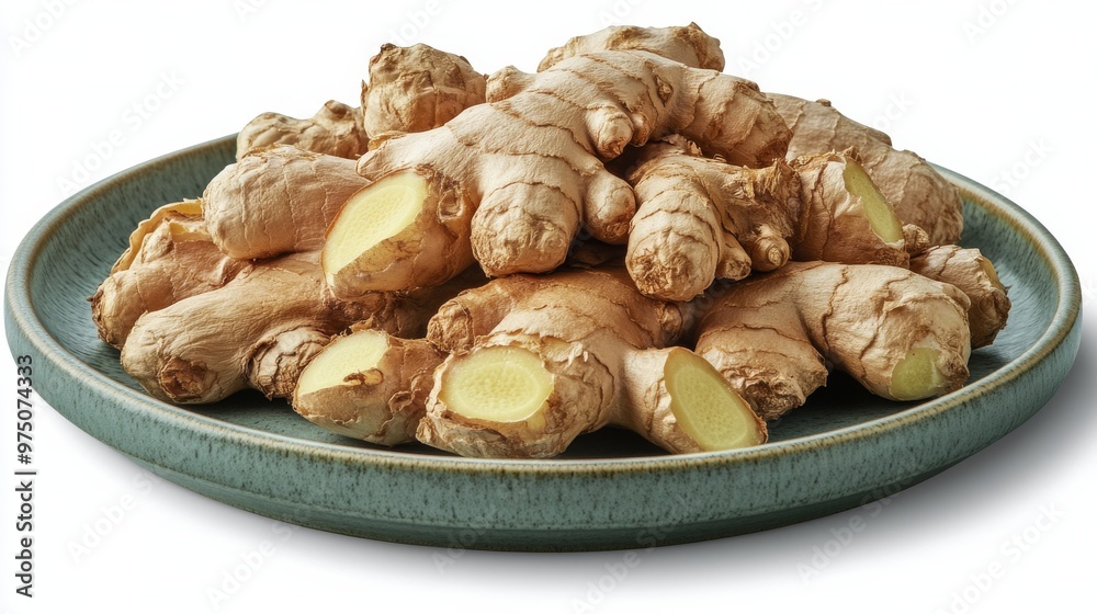 Fresh ginger roots displayed on a ceramic plate, showcasing their unique texture and shape Fresh ginger roots displayed on a ceramic plate, showcasing their unique texture and shape