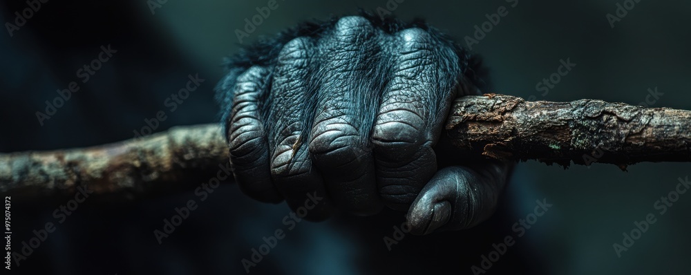 Macro shot of a gorilla's hand gripping a branch, showcasing intricate details and conveying a sense of strength, nature, and the primate's natural habitat in the forest jungle environment. Macro shot of a gorilla's hand gripping a branch, showcasing intricate details and conveying a sense of strength, nature, and the primate's natural habitat in the forest jungle environment.