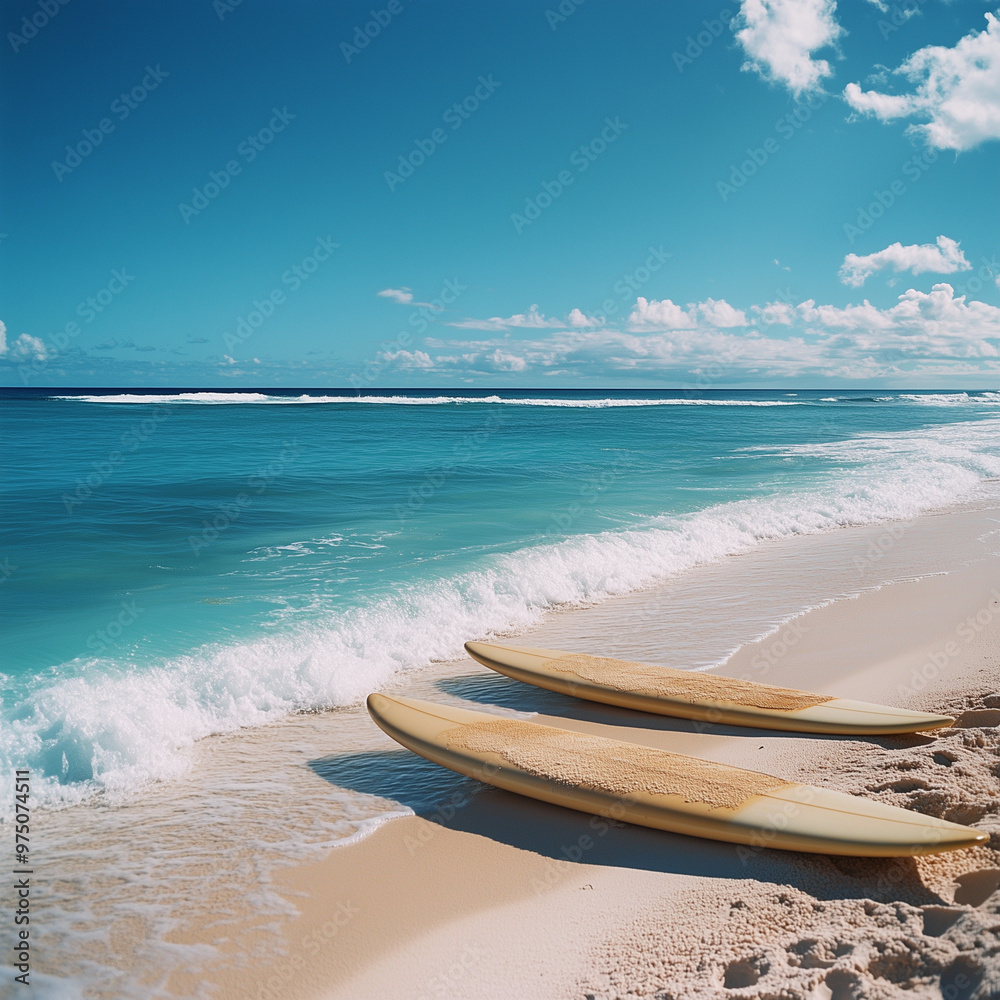 Obraz premium Aqua Serenity: Surfing Boards on a Vacant Beach at Dawn