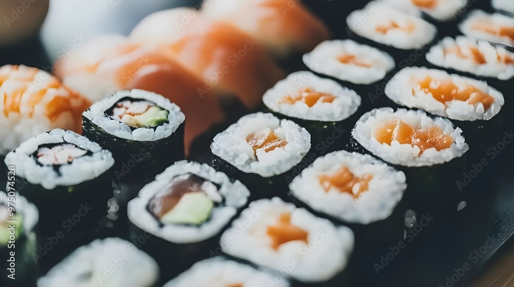 Elegant Sushi Plate with Assorted Rolls and Garnishes. Elegant Sushi Plate with Assorted Rolls and Garnishes.