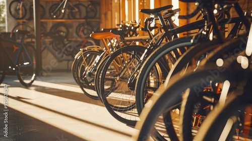 Bicycle shop layout with rows of various bikes, warmly lit by sunlight streaming through windows, creating an inviting and organized space for cycling enthusiasts. photo