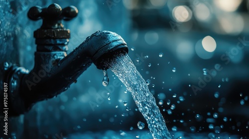 Realistic Water Flowing from Faucet. AI generated illustration photo