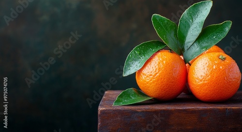 Fresh oranges with green leaves arranged on a rustic wooden surface in natura...